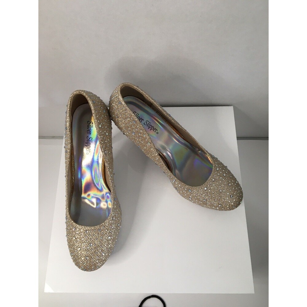 Sliver Slipper High Heels Women Size 8M Gold Rhinestones Prom Wedding Glam New